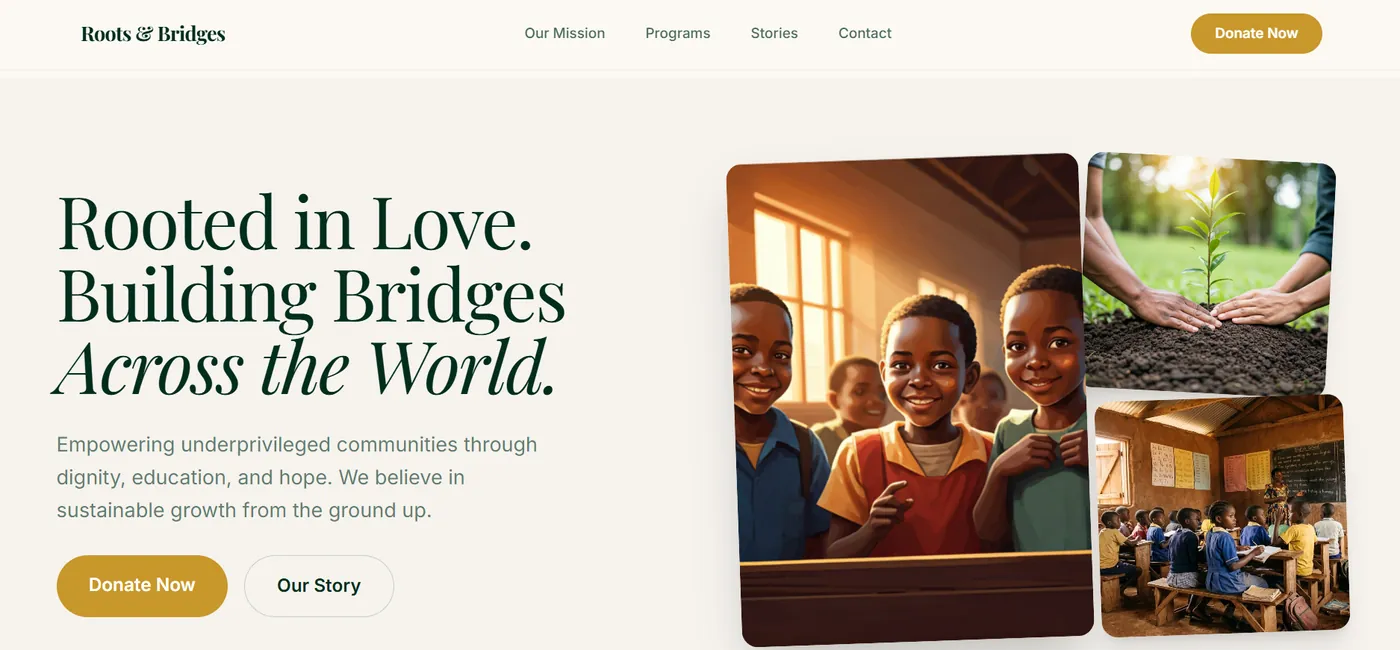 Roots & Bridges Foundation website built with React and Tailwind CSS by IT Coda